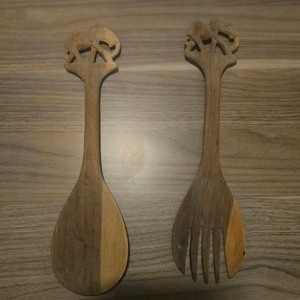 Vintage African Hand Carved Wood Elephant Salad Serving Set 12